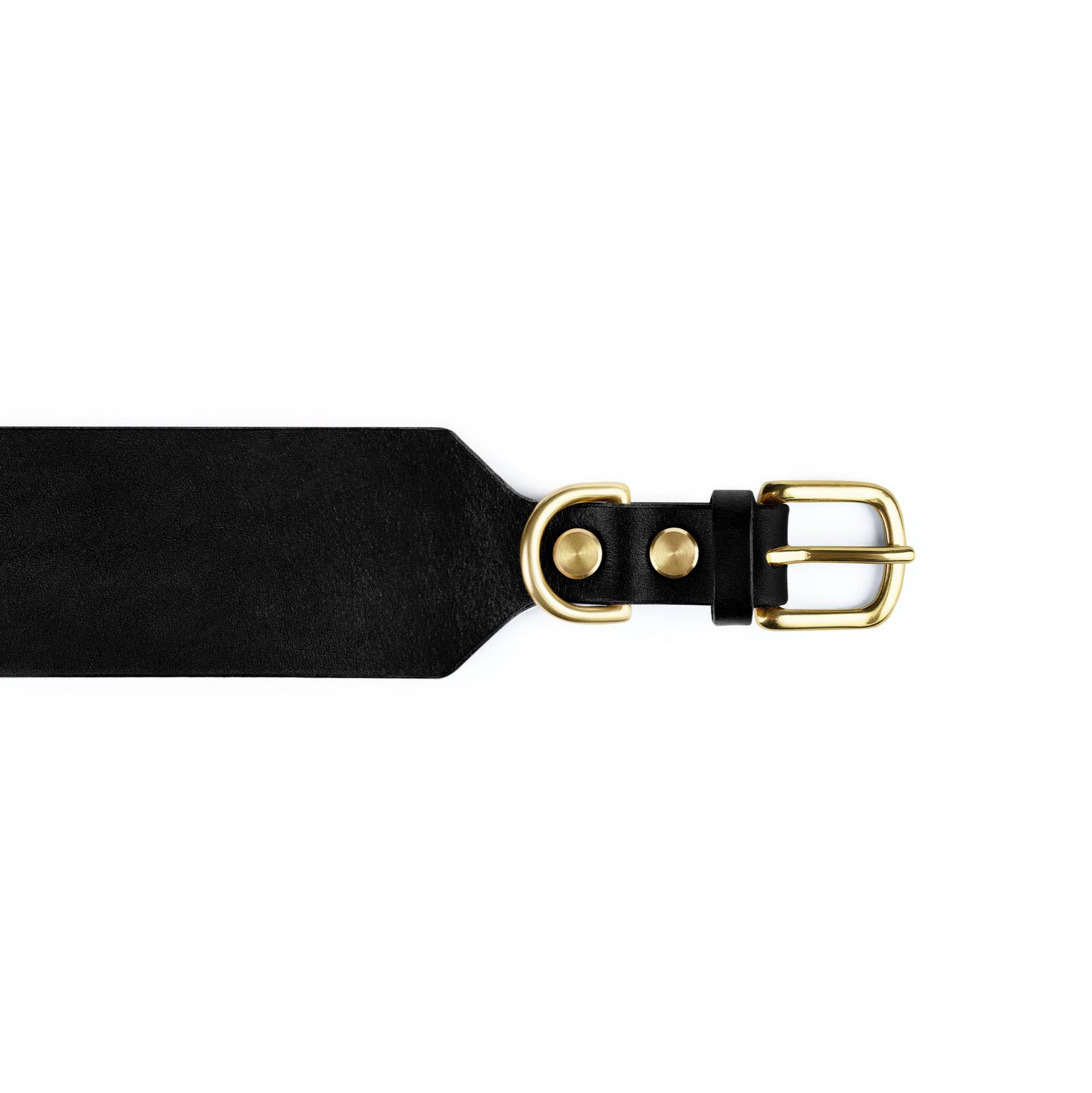 Atlas Wide Dog Collar in Noir by The Dogs Company, showing a black wide leather collar with metal buckle and stitching.