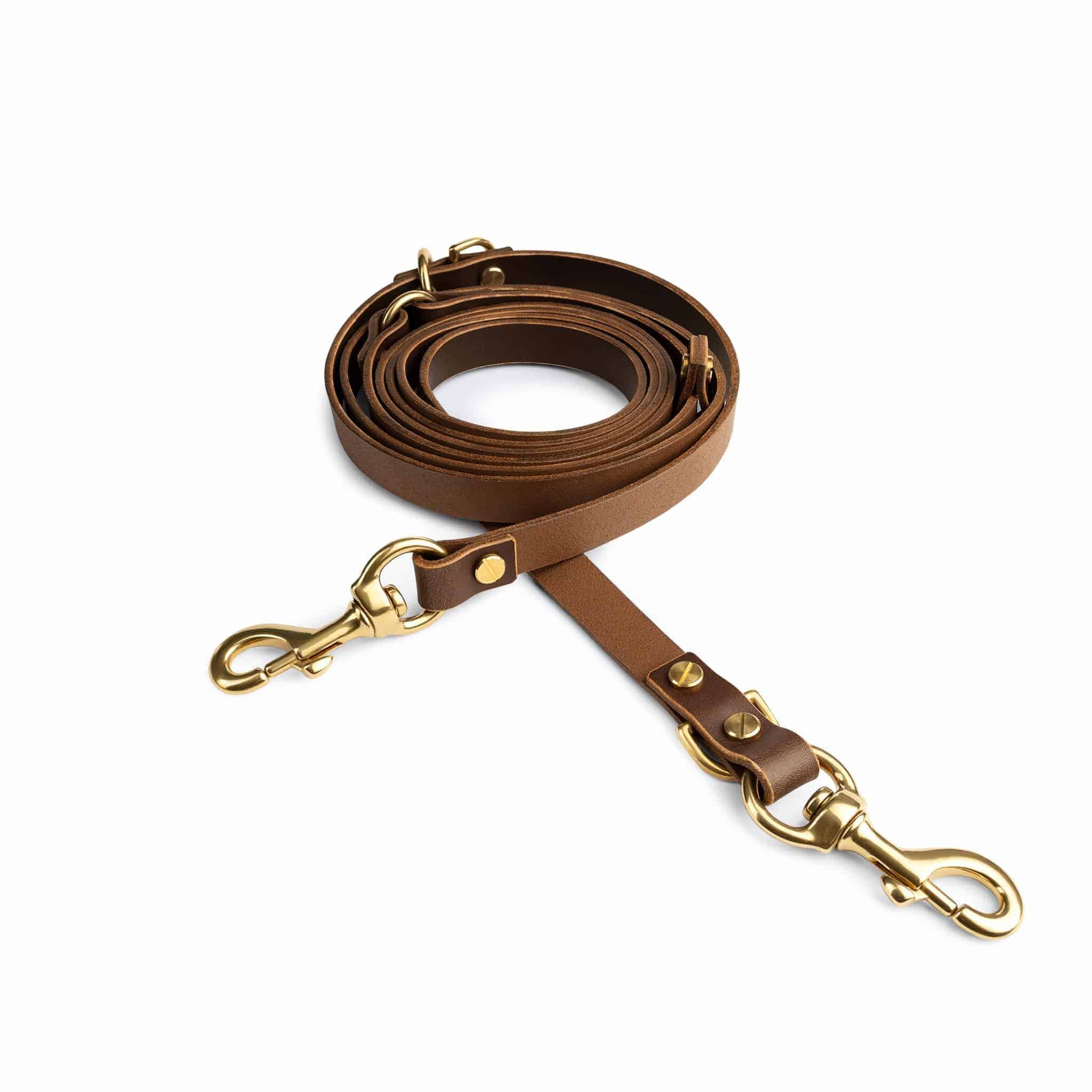 Aura hands-free leather leash in coffee brown, durable dog leash from The Dogs Company with padded handle and secure clasp.