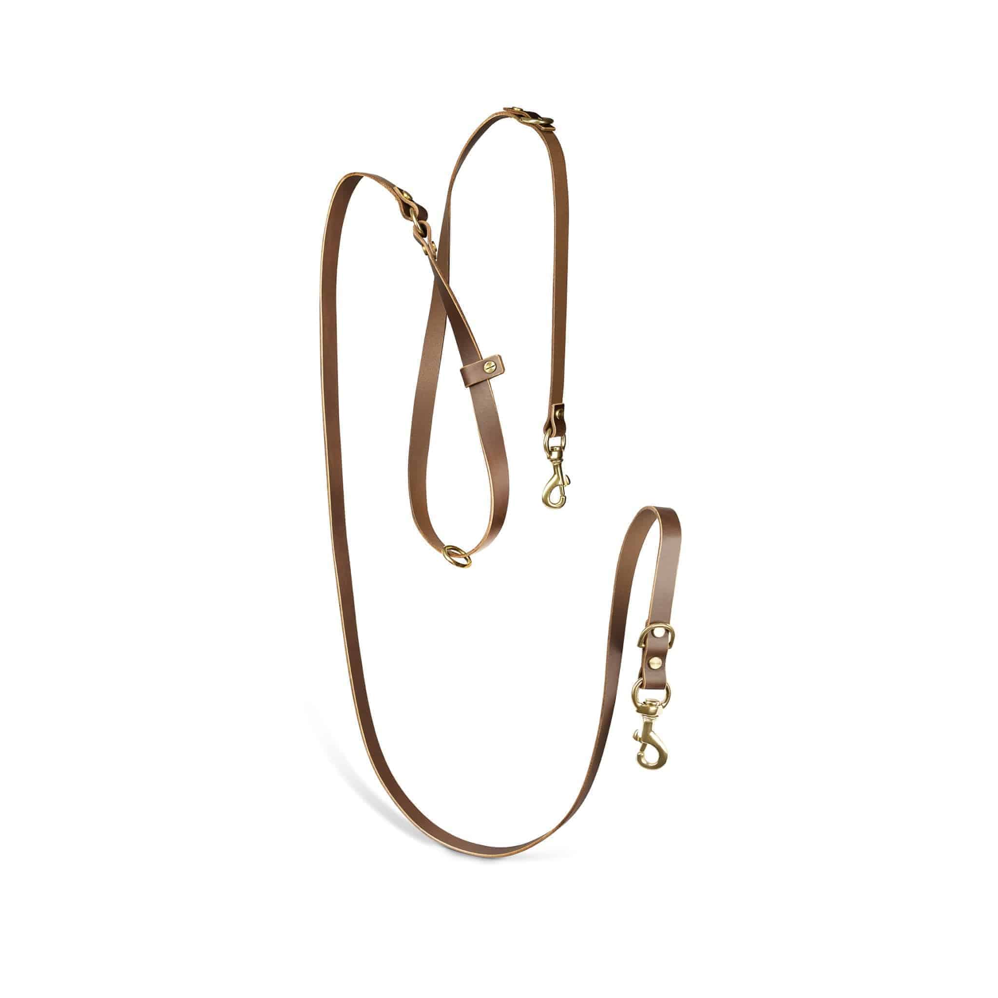 Aura hands-free leather leash in coffee brown by The Dogs Company, featuring sturdy leather and a practical design for dog walking.