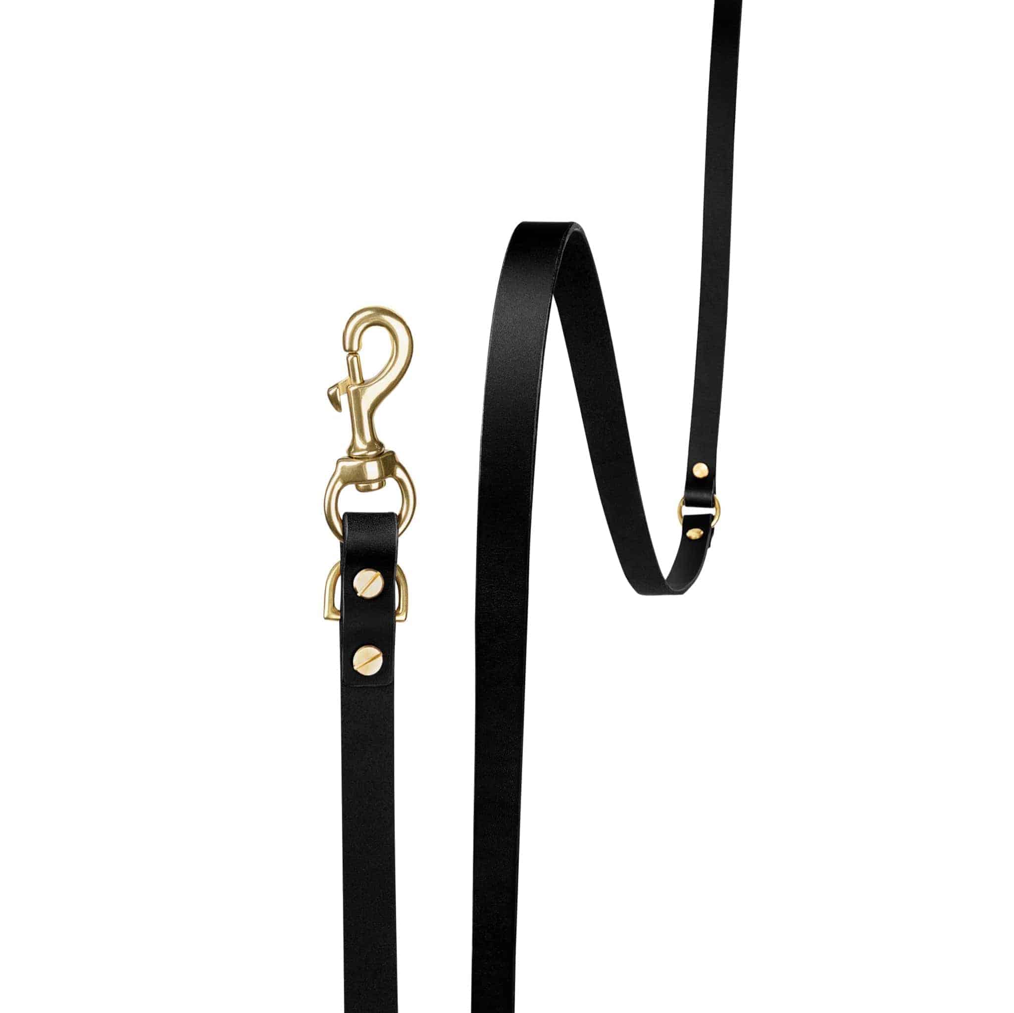 Aura hands-free leather leash in noir by The Dogs Company, showing a sleek black leash with padded handle and metal clasp.
