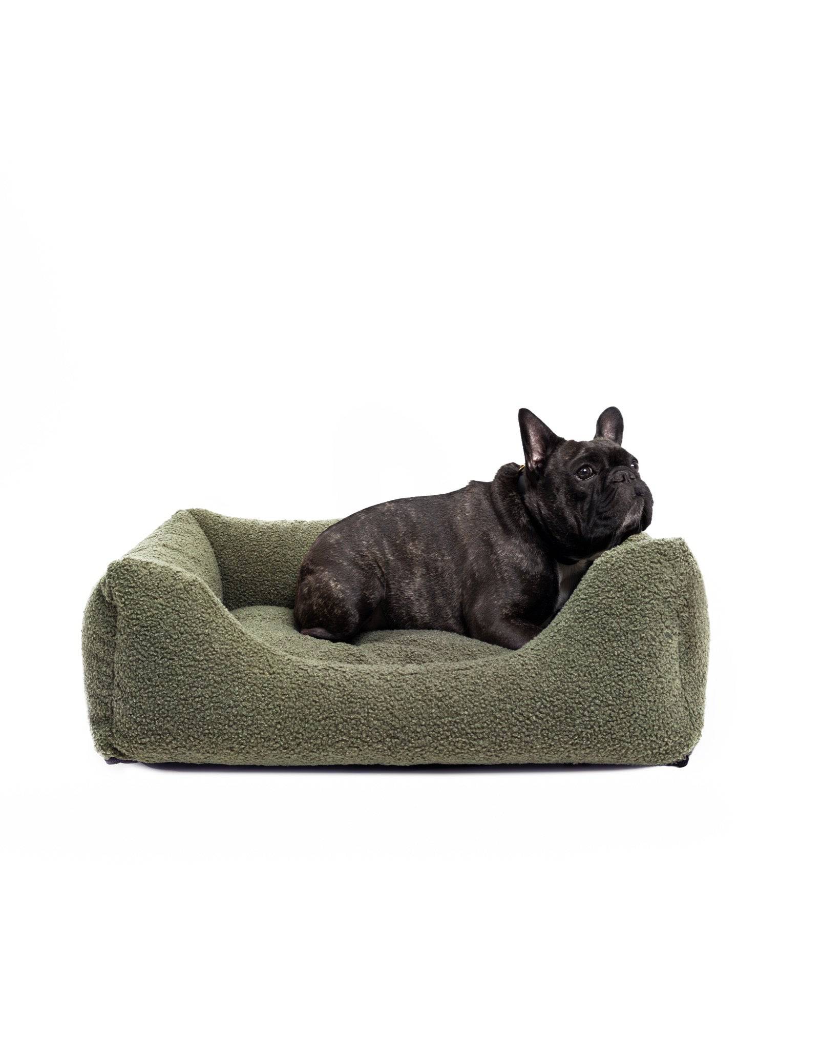 Soft bouclé lounge pet bed by The Dogs Company, featuring a cozy design ideal for small dogs like French Bulldogs.