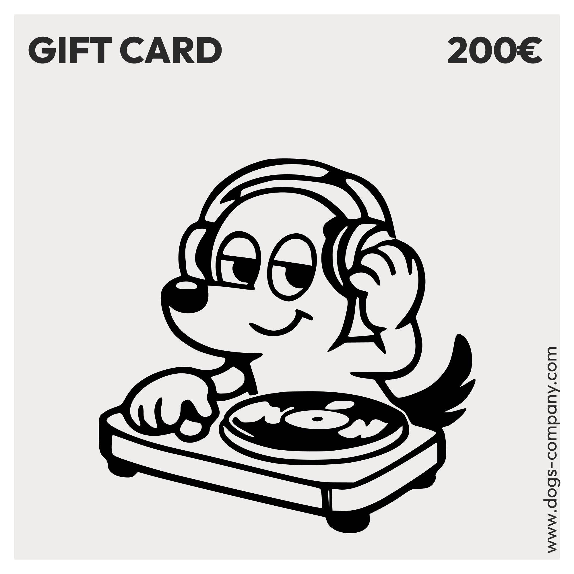 The Dogs Company gift card with a festive design, featuring the brand logo and colorful holiday-themed graphics.