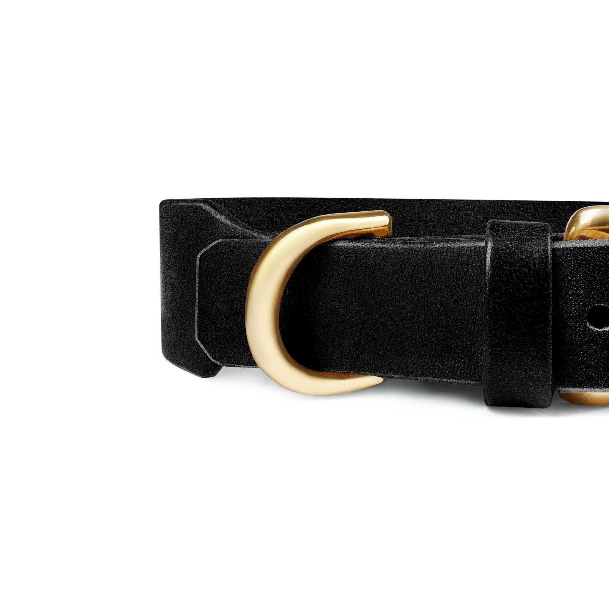 Grace Classic Leather Collar in Noir Black by The Dogs Company, showing a sleek black leather collar with metal hardware.