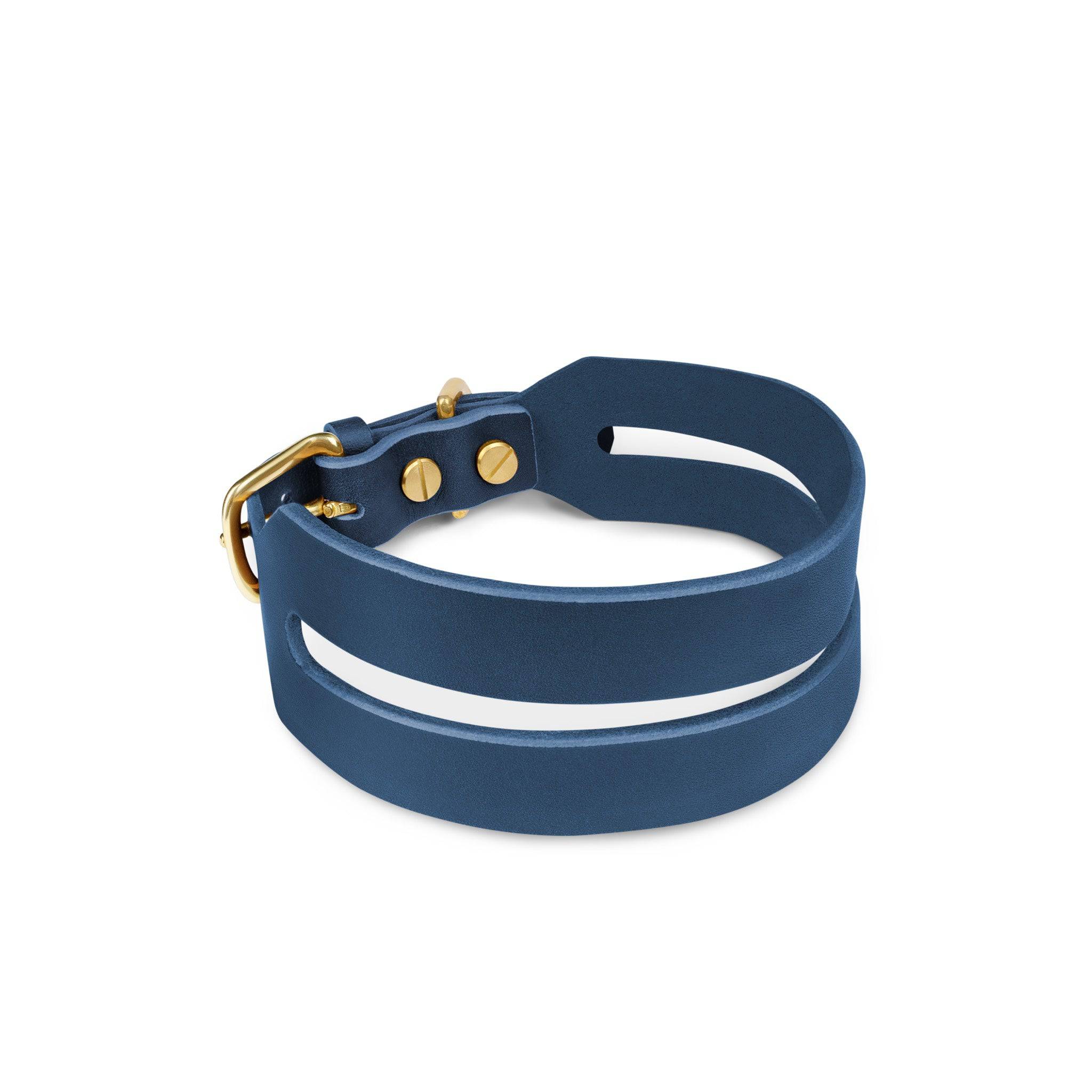 Halo wide dog collar in midnight navy leather by The Dogs Company, featuring a durable, stylish design for medium to large dogs.