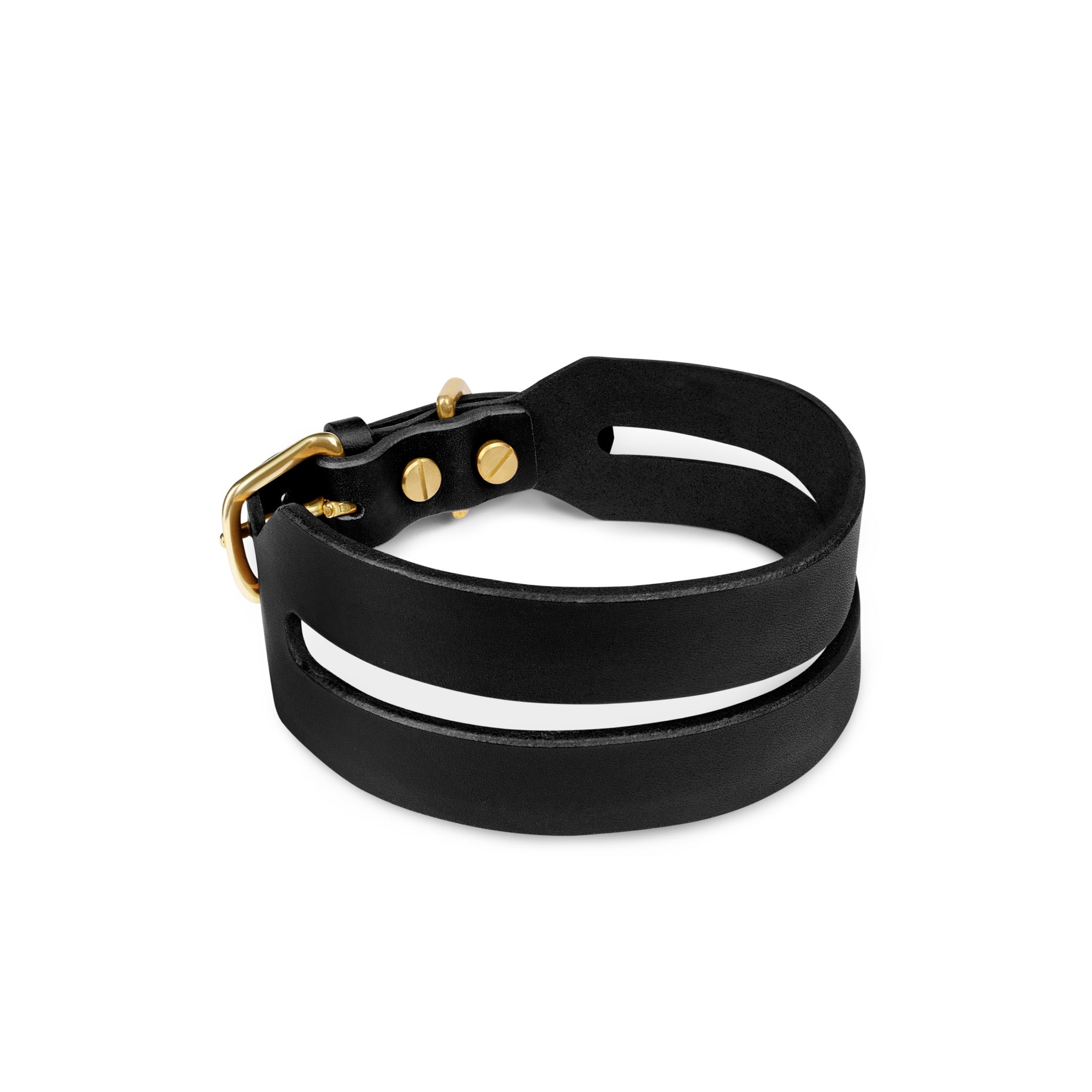 Black leather Halo Wide Dog Collar by The Dogs Company with a sleek, wide design for comfortable and stylish pet wear.