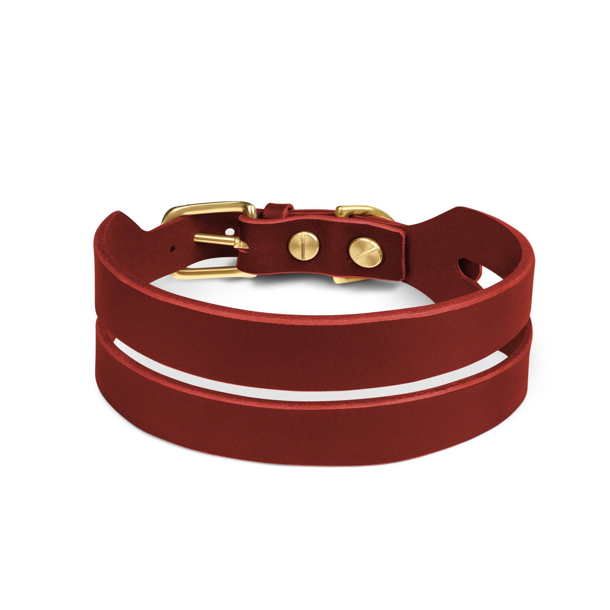 Red leather Halo Wide Dog Collar by The Dogs Company, featuring a wide design and durable construction.