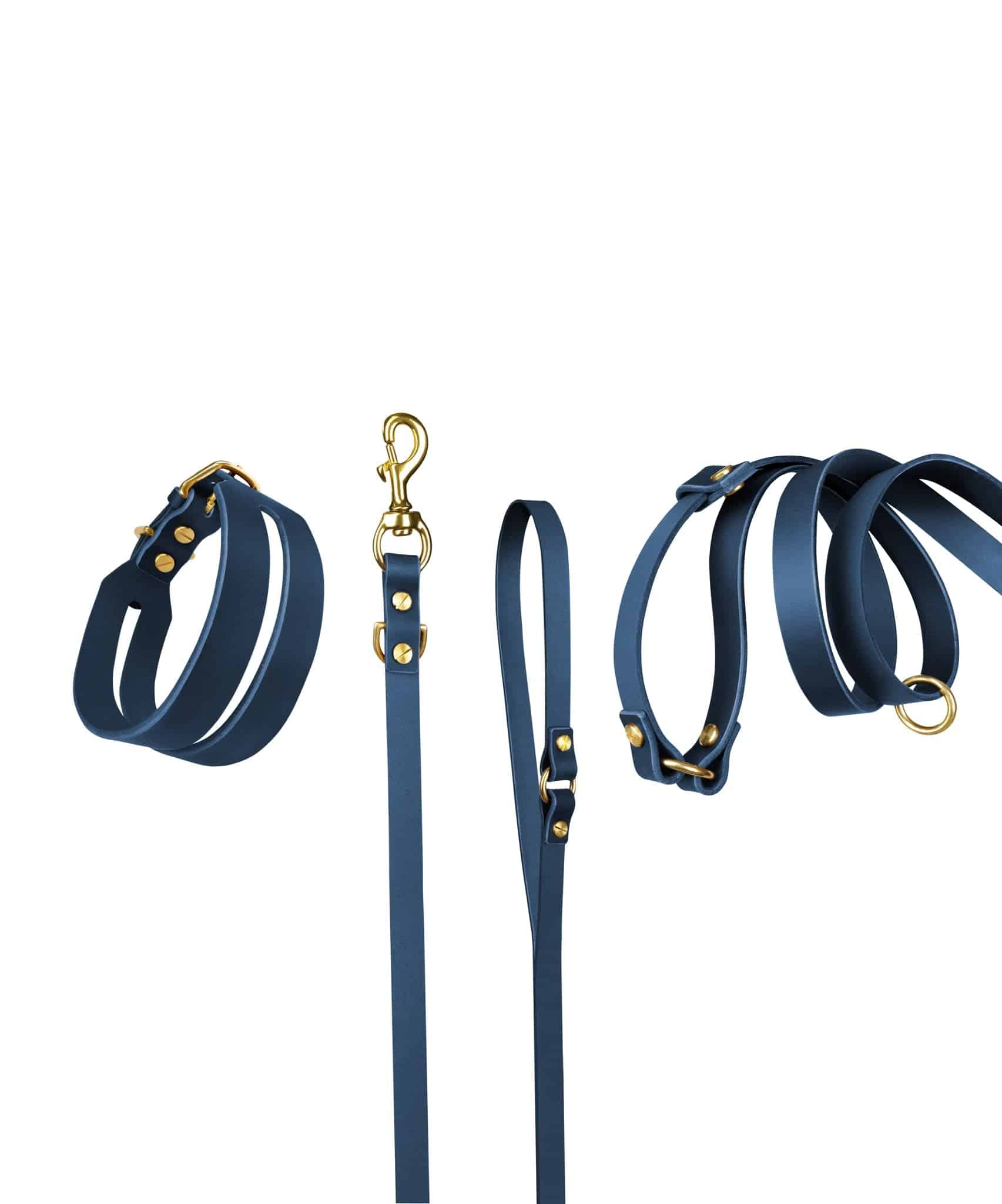 Halo Leather Collar and Aura Handsfree Leash bundle from The Dogs Company in Midnight Navy, featuring a leather collar and handsfree leash.