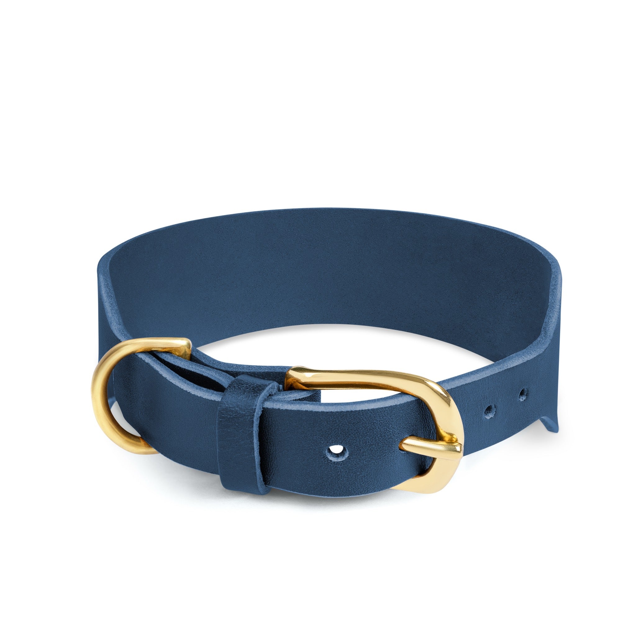 Atlas Wide Dog Collar in Midnight Navy by The Dogs Company, showing a durable, wide blue dog collar with metal buckle and D-ring.