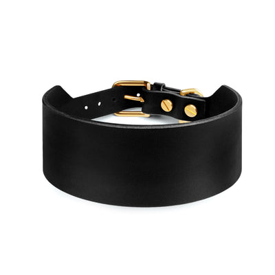 Black Atlas Wide Dog Collar by The Dogs Company featuring durable nylon strap and metal buckle for large dogs.