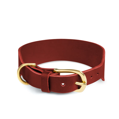 Atlas Wide Burgundy Red Dog Collar by The Dogs Company, showing a close-up of the adjustable wide dog collar with metal buckle.