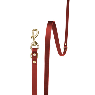 Aura hands-free leather leash in burgundy red by The Dogs Company, showing the sturdy leather leash with metal clasp.