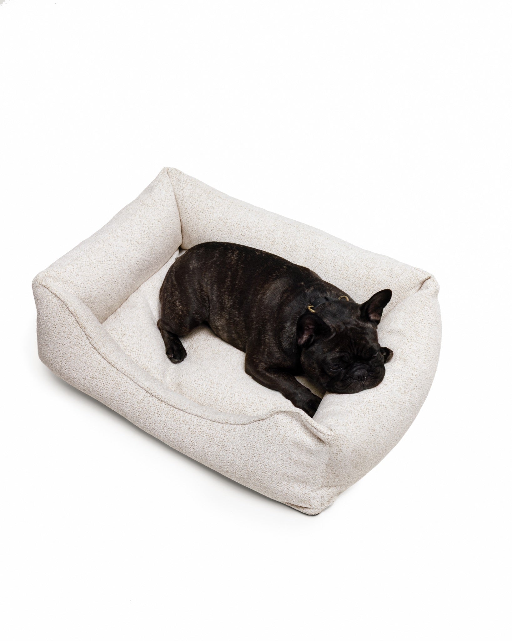 Soft Gaya Lounge Pet Bed by The Dogs Company featuring a cozy French Bulldog sleeping on plush fabric