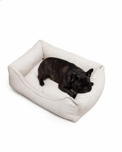 Soft Gaya Lounge Pet Bed by The Dogs Company featuring a cozy French Bulldog sleeping on plush fabric