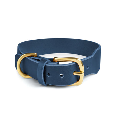 Grace Classic Leather Collar in Midnight Navy by The Dogs Company, showing a stylish blue leather dog collar with silver hardware.
