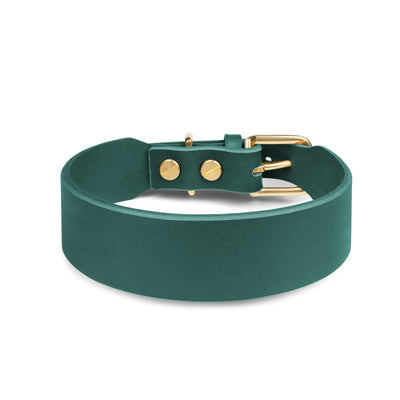 Grace Classic Leather Collar in forest green by The Dogs Company, featuring a sturdy leather design with metal buckle and adjustable fit.