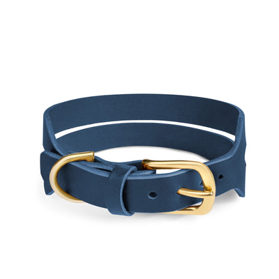 Halo wide dog collar in midnight navy leather by The Dogs Company, showing a close-up of the stylish, durable collar with a silver buckle.