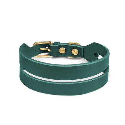 Halo Wide Dog Collar in Forest Green by The Dogs Company, showing a close-up of the leather collar with metal buckle.