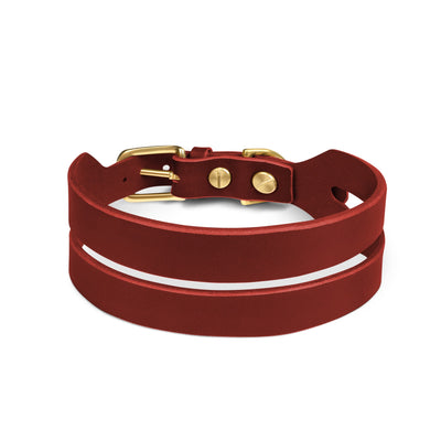 Halo Wide Dog Collar in burgundy red made by The Dogs Company, featuring durable leather and a stylish wide design.
