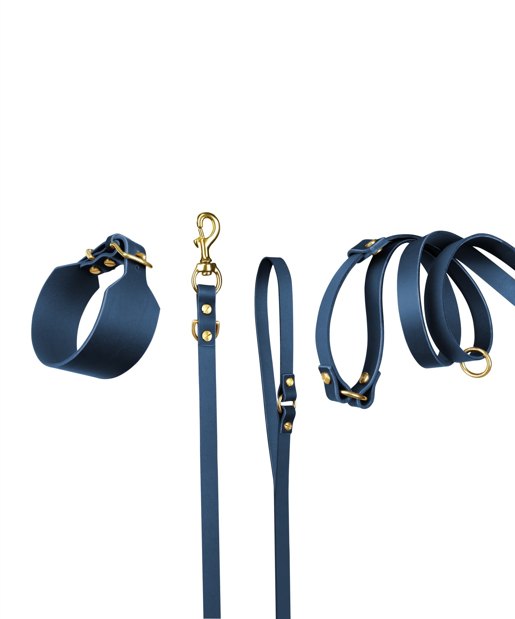 Atlas Leather Collar and Aura Handsfree Leash in Midnight Navy, featuring durable leather and a sleek, stylish design for dogs.