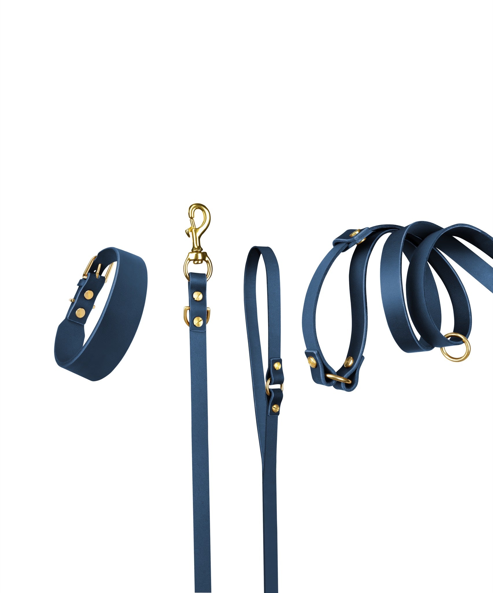 Leather dog collar and handsfree leash bundle in navy blue from The Dogs Company, featuring sleek design and sturdy construction.