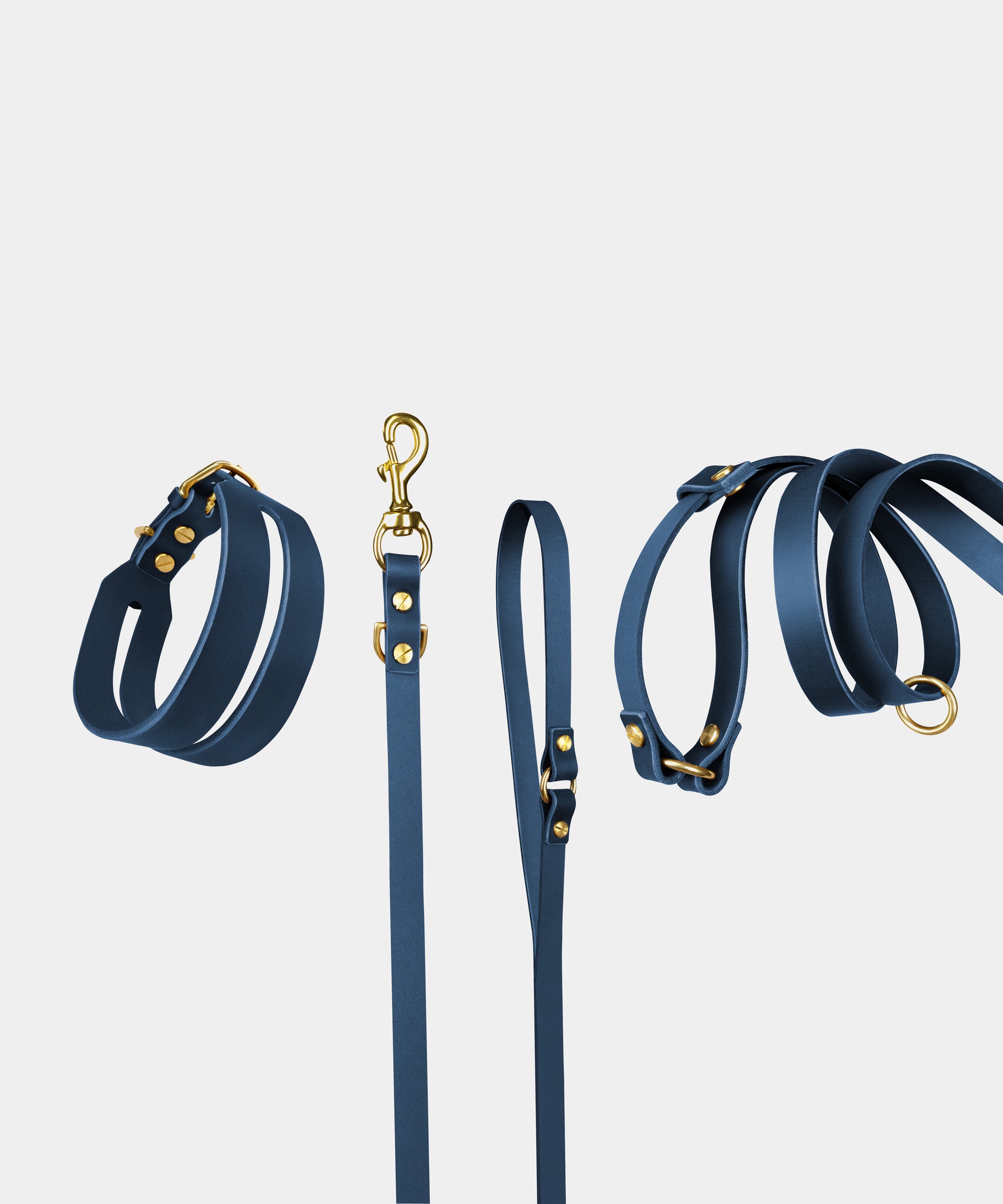 Halo Leather Collar & Aura Handsfree Leash in Midnight Navy